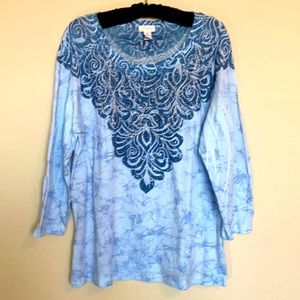 Chico’s 3/4 Sleeve Top in Blue with Rhinestones